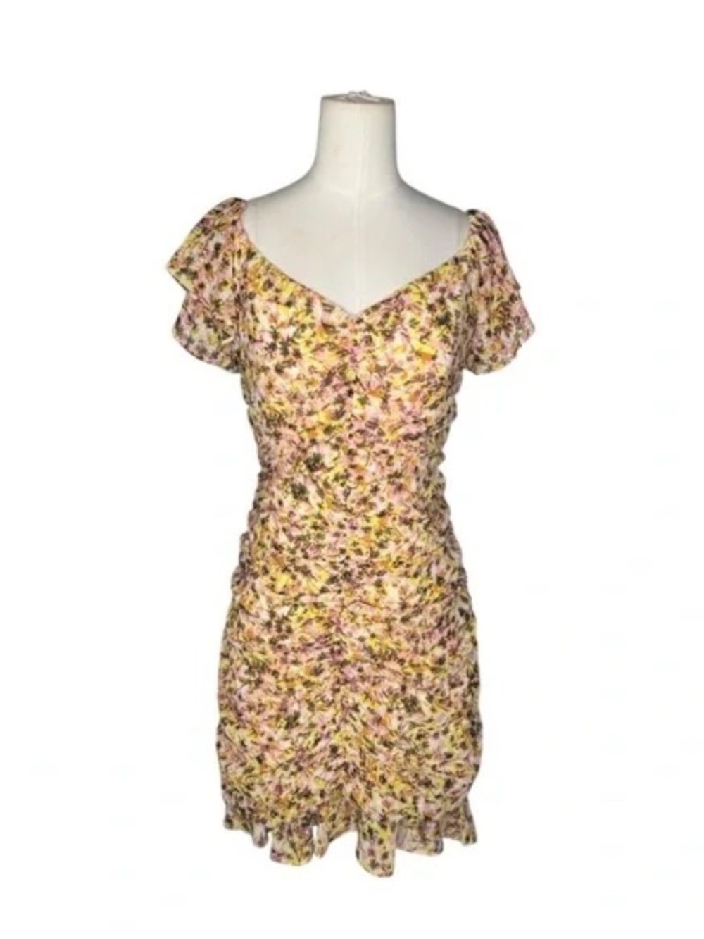 ASTR the Label Shirred Flutter Mini Dress Blush Yellow Multi Floral Print Medium - Picture 7 of 7
